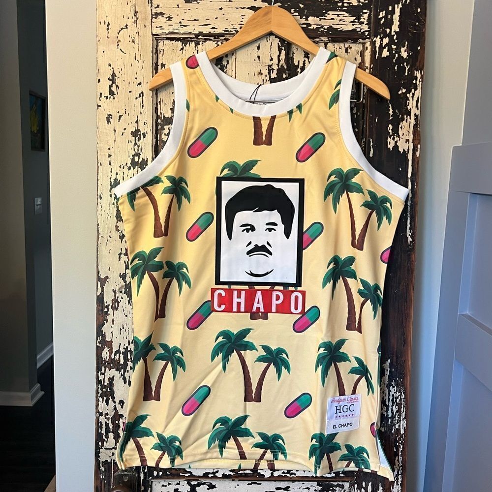 NEW w/ TAGS Headgear Classics EL CHAPO Sewn Basketball Jersey Palm Trees Pills L